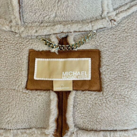 Michael Kors Faux Fur Shearling Suede Longline Hooded Jacket Full Zip Tan Gold - Picture 7 of 10